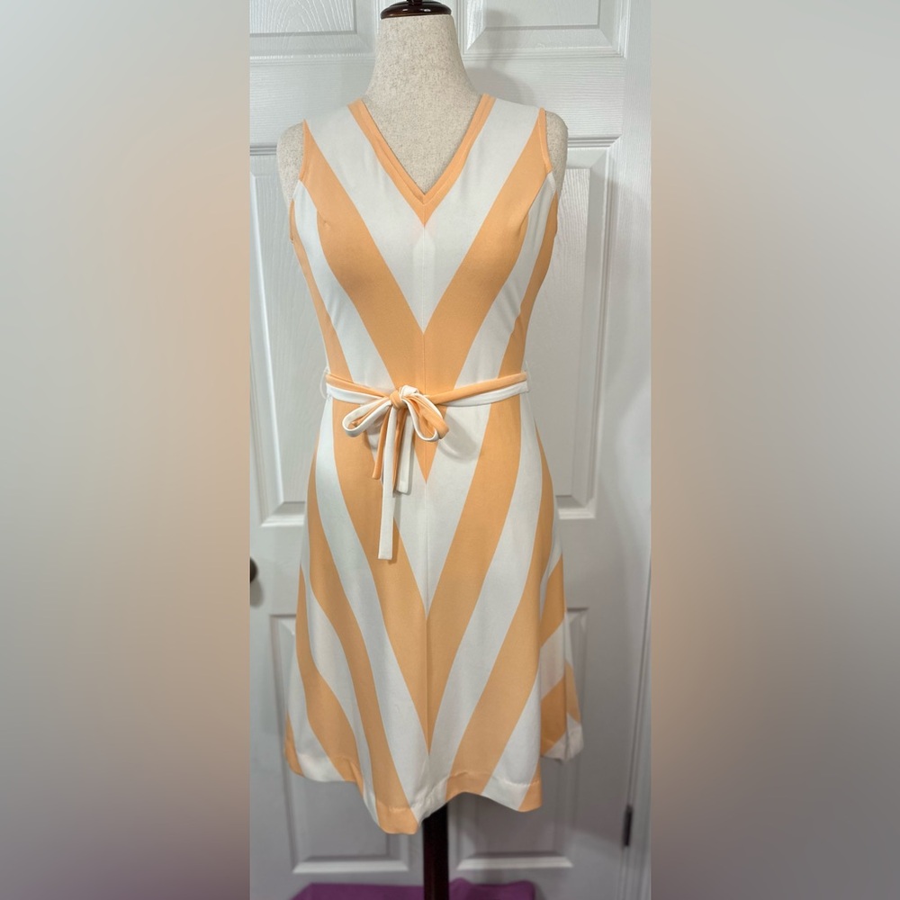 Vtg dress 60’s/70’s Sorbet orange and white Midi Zip Up tie waist herringbone